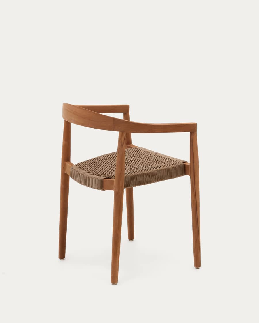 Ydalia stackable outdoor chair in solid teak wood with natural finish and beige rope