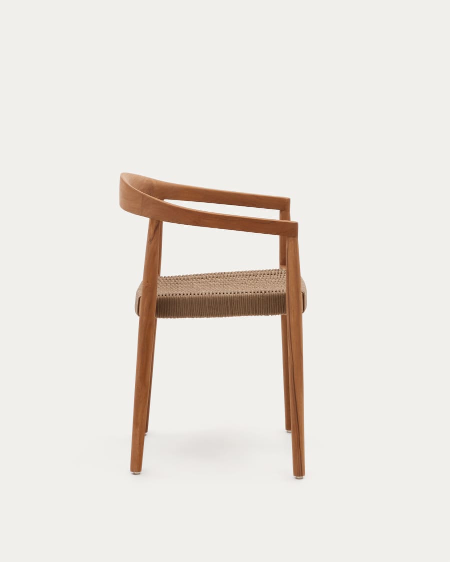Ydalia stackable outdoor chair in solid teak wood with natural finish and beige rope
