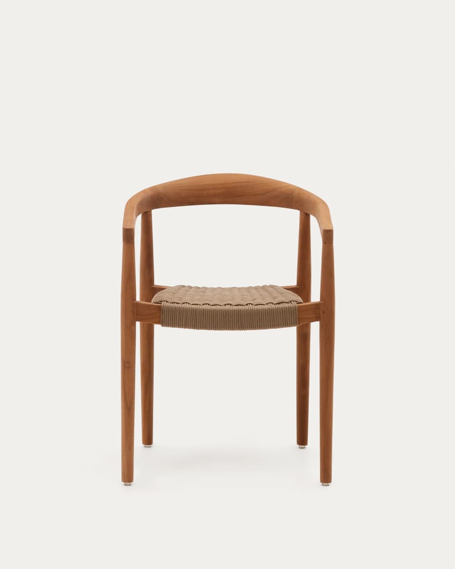 Ydalia stackable outdoor chair in solid teak wood with natural finish and beige rope