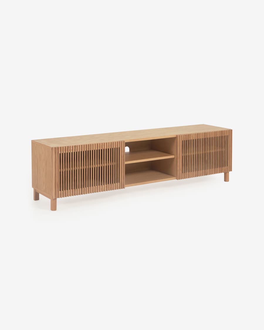 Beyla solid oak TV stand with two doors and oak veneer 180 x 49 cm FSC 100%.