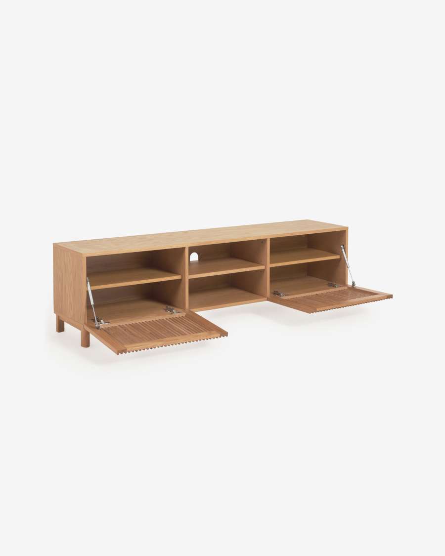 Beyla solid oak TV stand with two doors and oak veneer 180 x 49 cm FSC 100%.