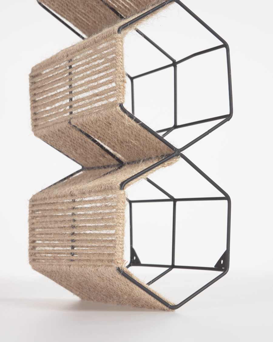Francina wine rack made from metal with black finish and natural jute 17.5 x 56 cm