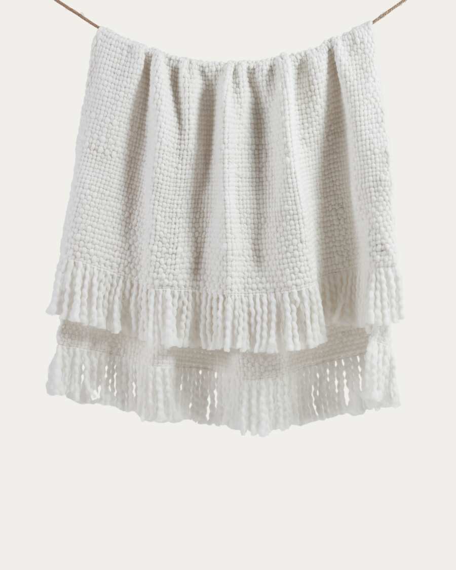 Persis blanket with tassels in white wool, 125 x 150 cm