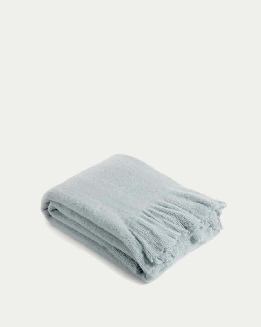 Haru blanket with wavy trim in blue wool, 125 x 150 cm
