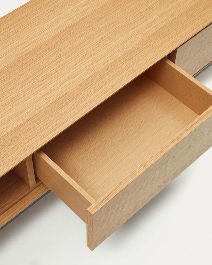 Vedrana 3 drawer TV stand in oak veneer with black steel legs, 195 x 35 cm