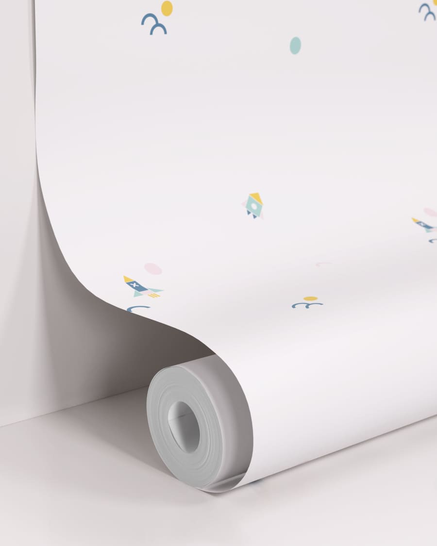 Ταπετσαρία Julisa λευκό με χρωματική εκτύπωση πυραύλων, 10 x 0.53 m, FSC MIX Credit