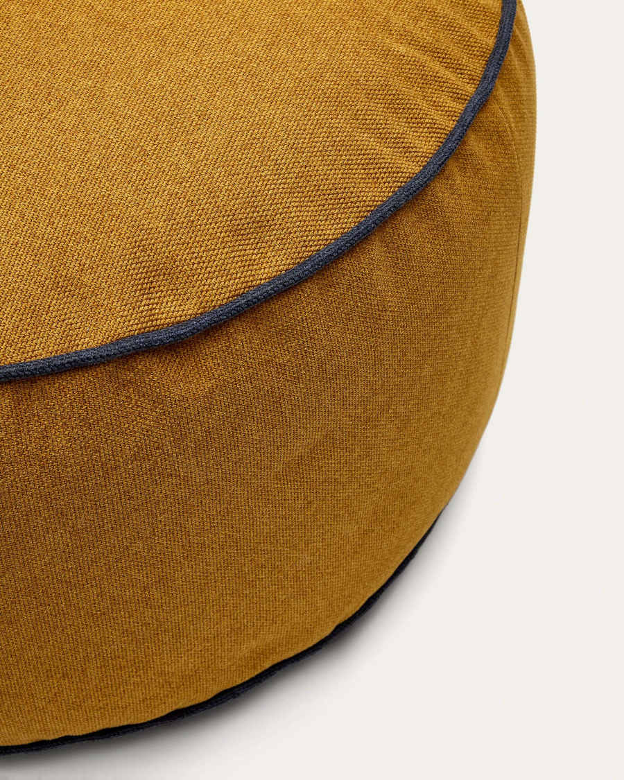 Viera pouffe in mustard with blue edges, Ø 60 cm