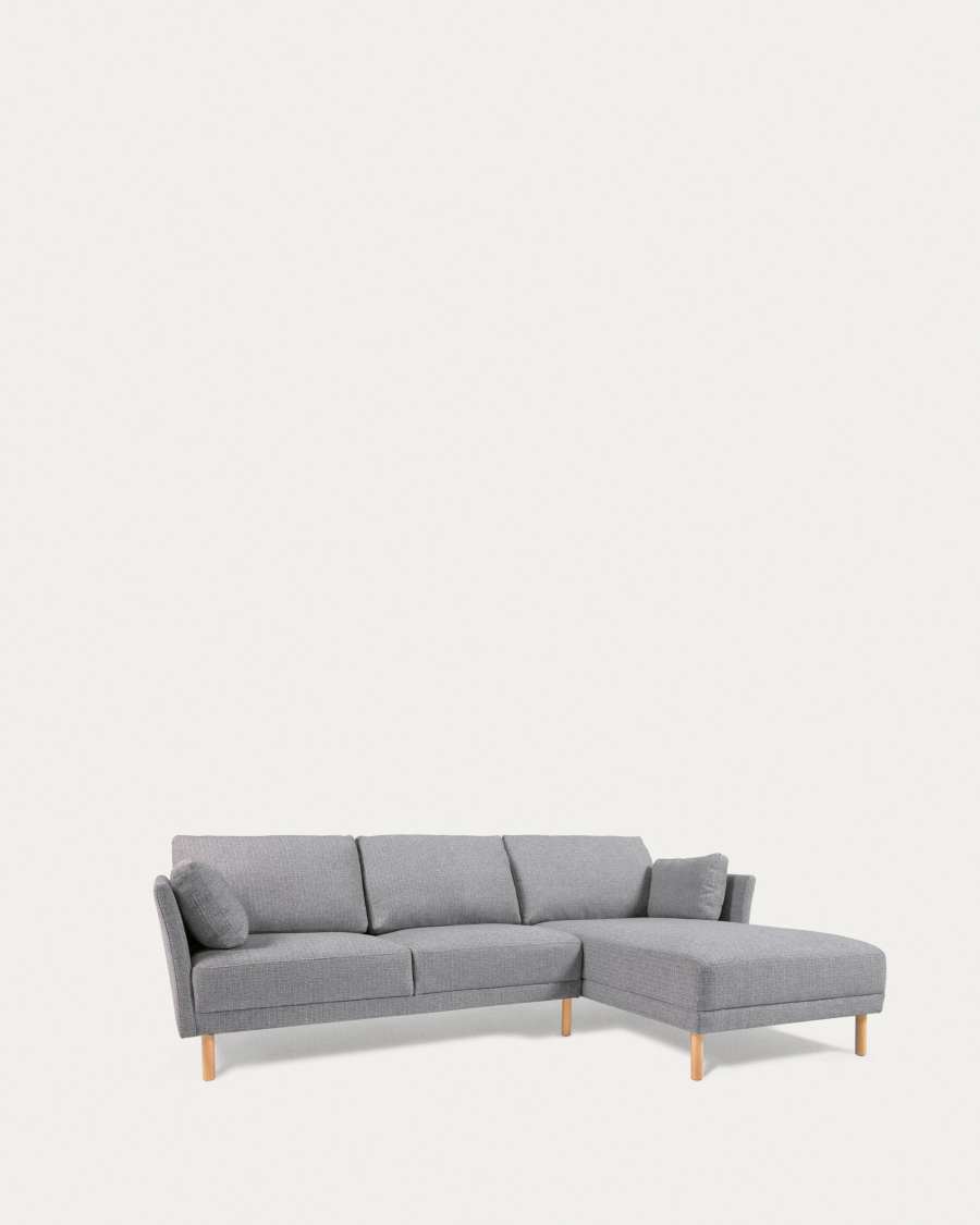 Gilma 3 seater with right/left-hand chaise longue, light grey, natural wood legs, 260 cm