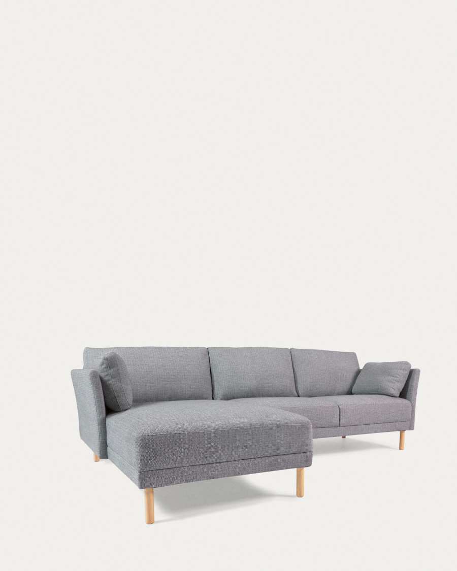 Gilma 3 seater with right/left-hand chaise longue, light grey, natural wood legs, 260 cm