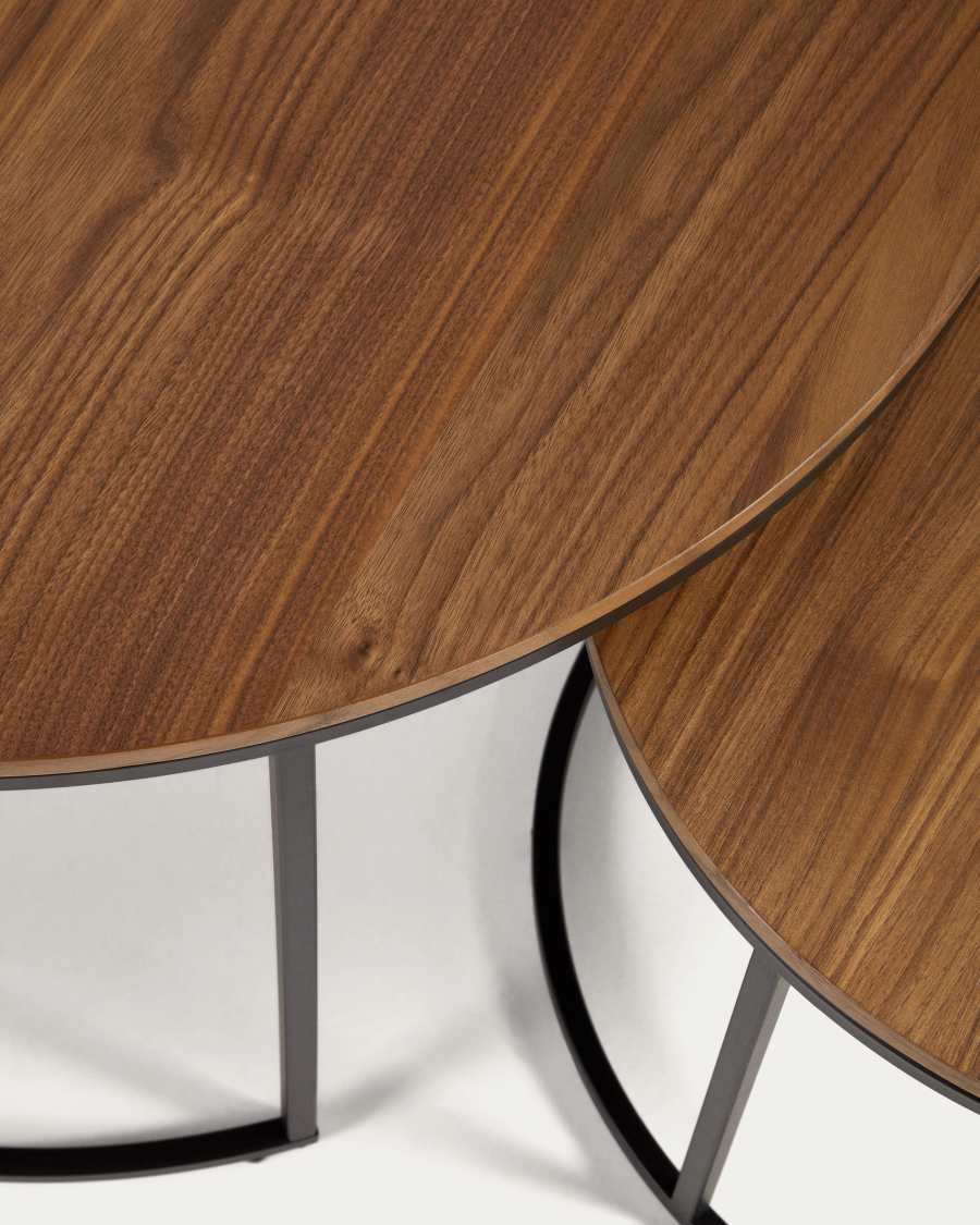 Yoana set of 2 nesting side tables with walnut veneer and black metal, Ø 80 cm / Ø 50 cm