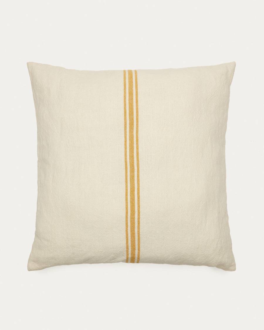 Vallcanera cushion cover in beige linen and cotton with mustard stripes, 60 x 60 cm