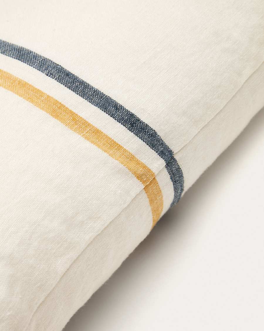Vallcanera 100% beige linen cushion cover with mustard and blue stripes, 30 x 50 cm