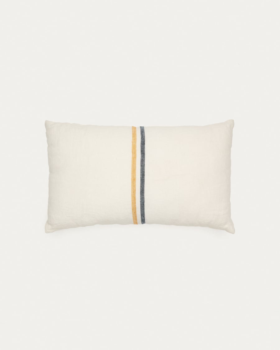 Vallcanera 100% beige linen cushion cover with mustard and blue stripes, 30 x 50 cm
