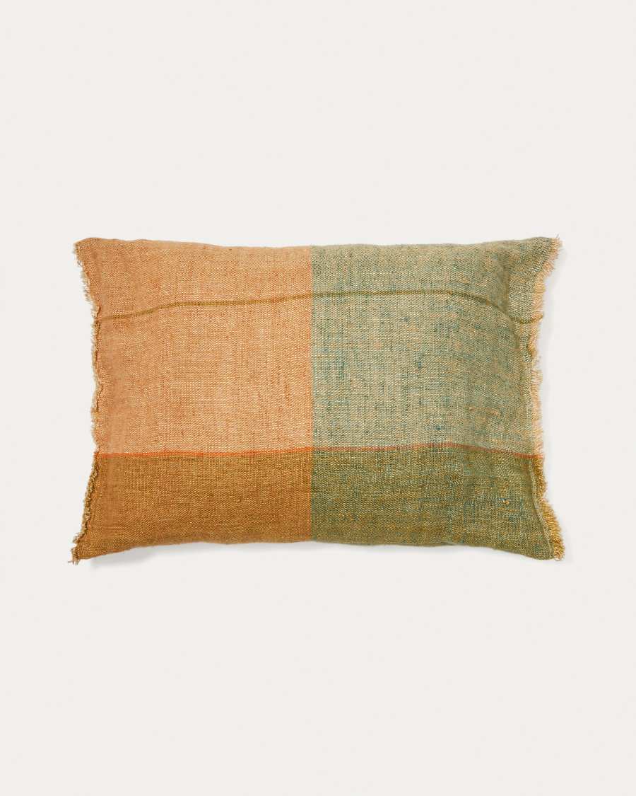 Sanna green and orange checked cushion cover, 100%  linen, 30 x 50 cm