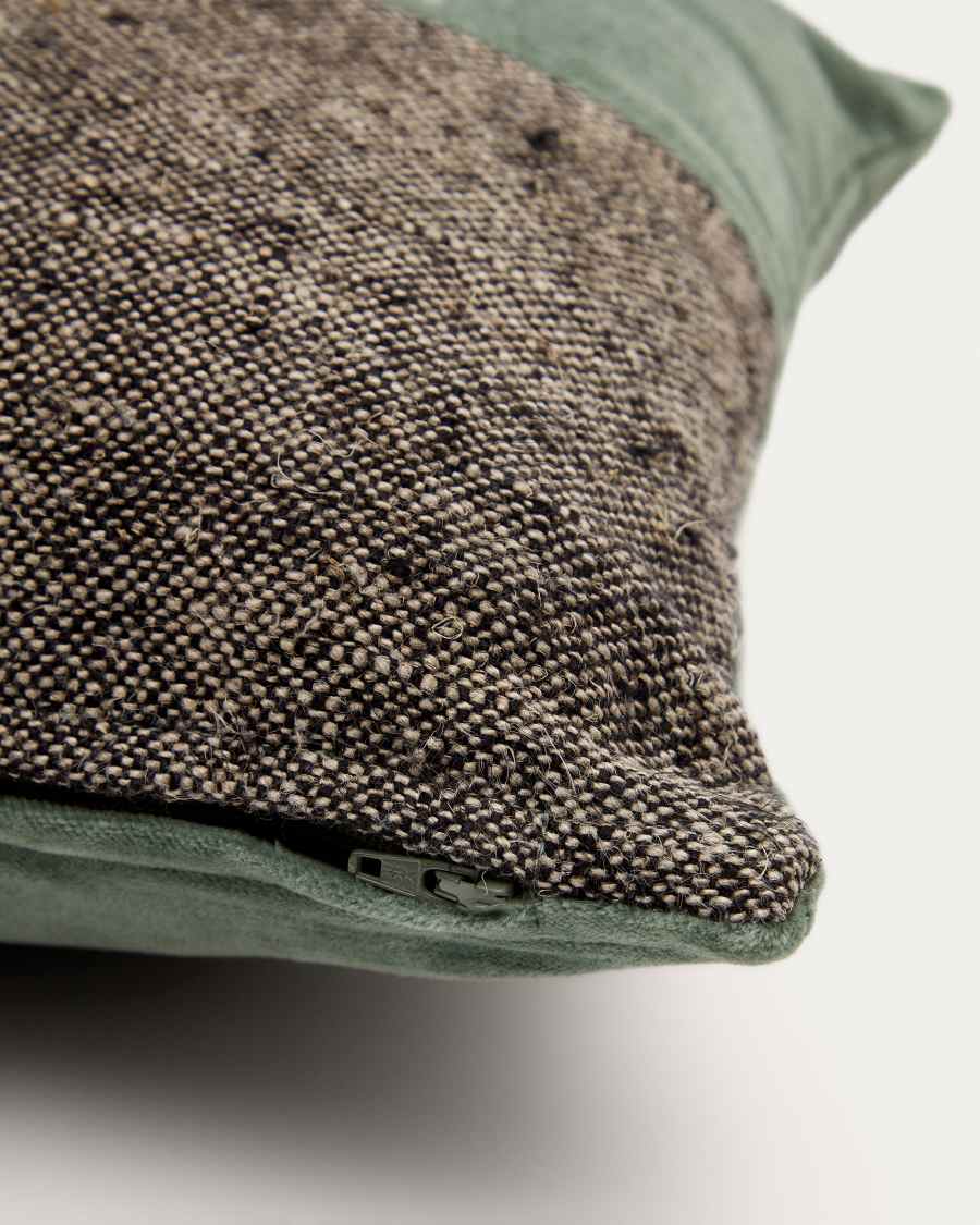 Funda coixí Mikayla de lli i cotó estampat i vellut negre i verd 30 x 50 cm