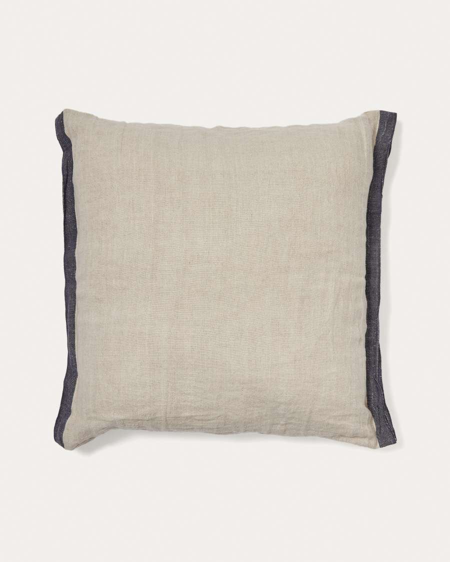 Housse de coussin Suerta 100 % lin beige et bleue 50 x 50 cm