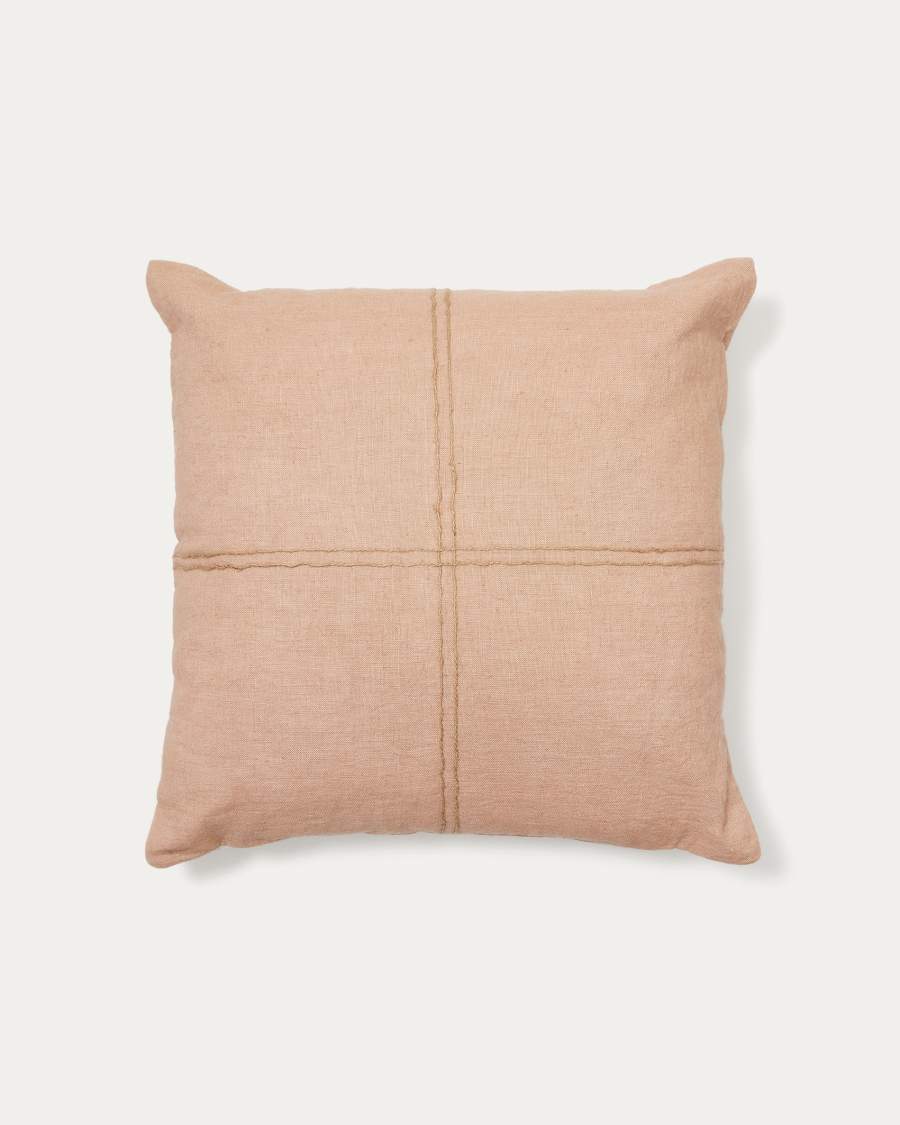 Sulken cushion cover in pink linen and a beige embroidery feature, 45 x 45 cm