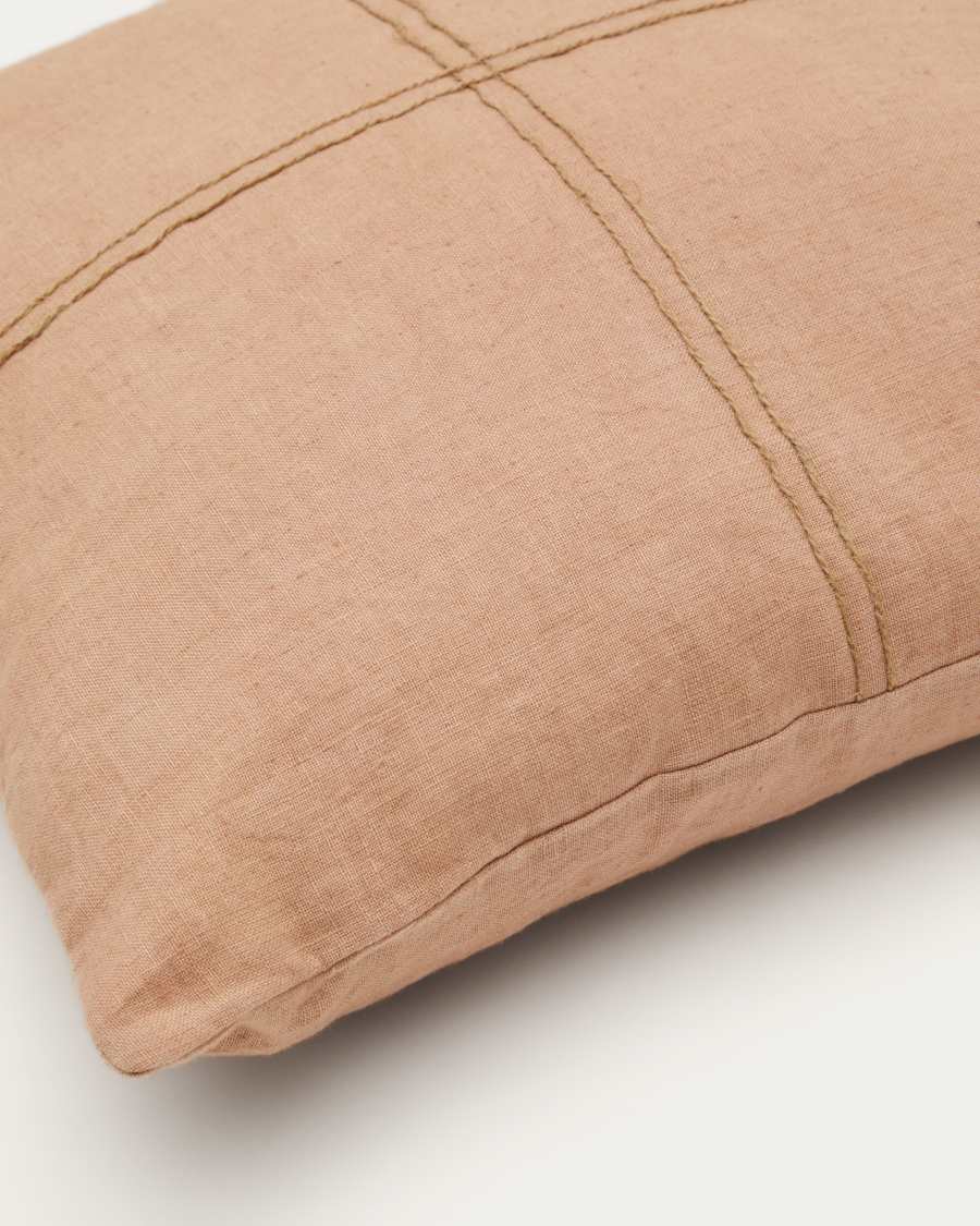Sulken cushion cover in pink linen and a beige embroidery feature, 45 x 45 cm