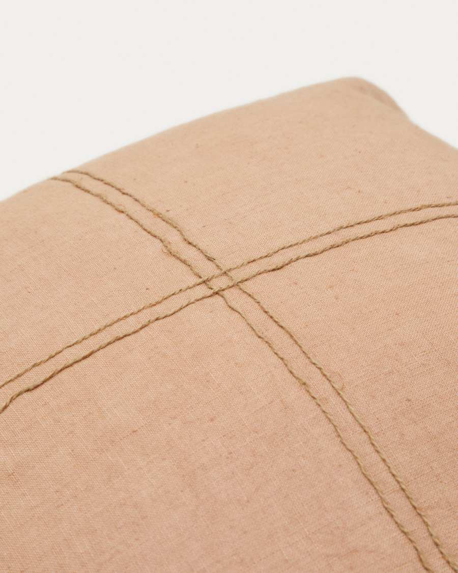 Sulken cushion cover in pink linen and a beige embroidery feature, 45 x 45 cm