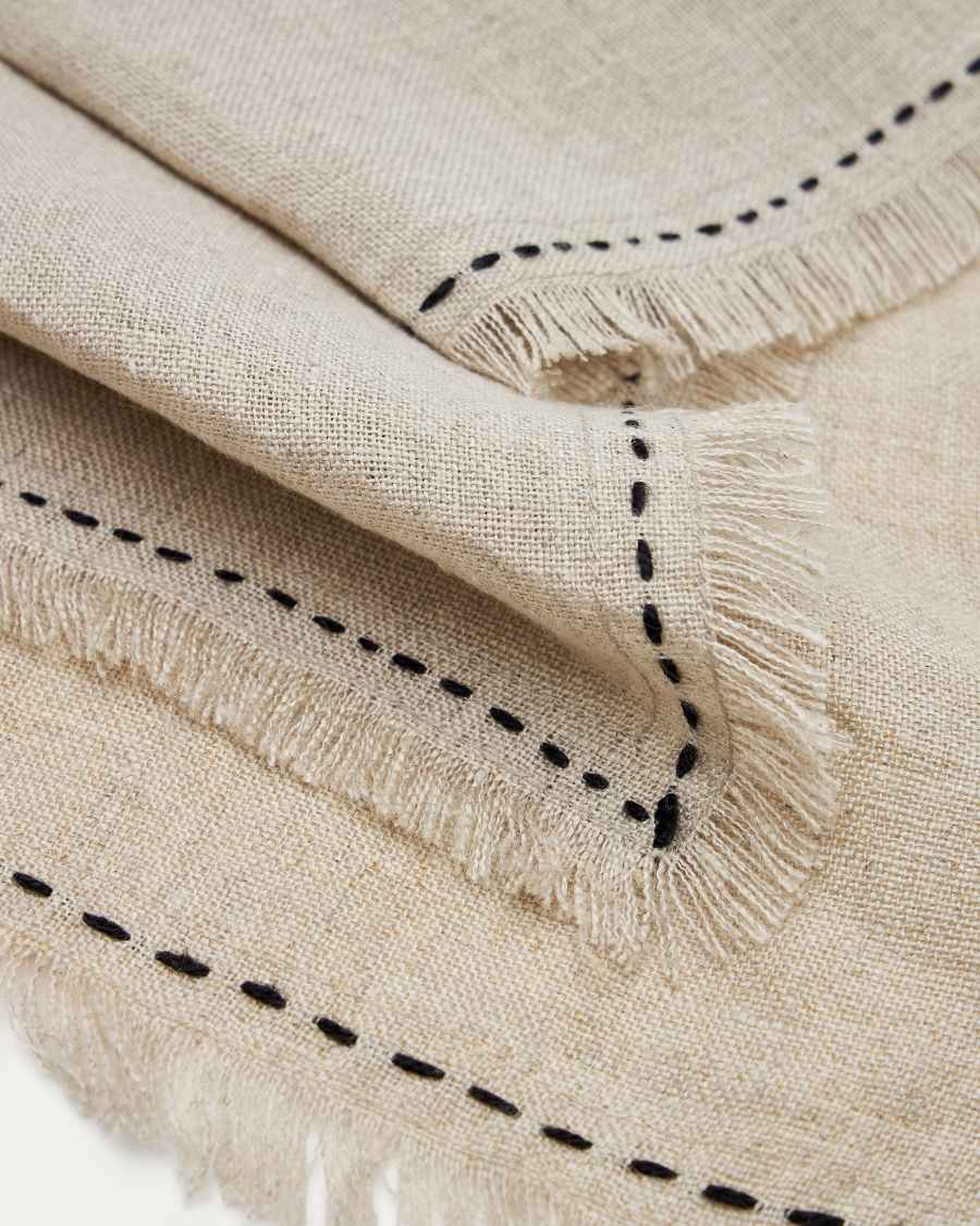 Montalt set two 100% linen tablecloths with beige fringes and black contrast stitching