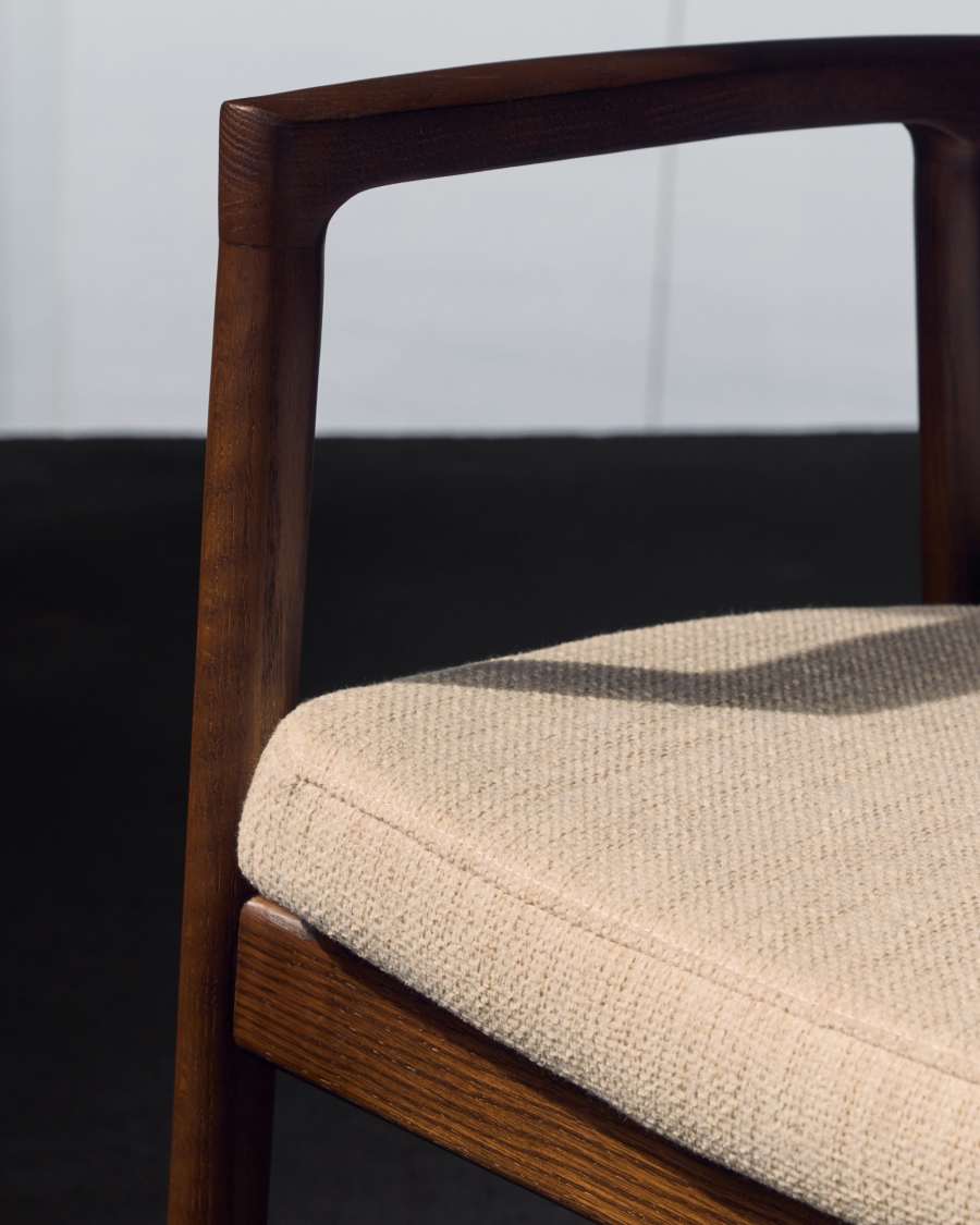 Alocs chair removable cover in beige chenille solid oak wood walnut finish FSC Mix Credit