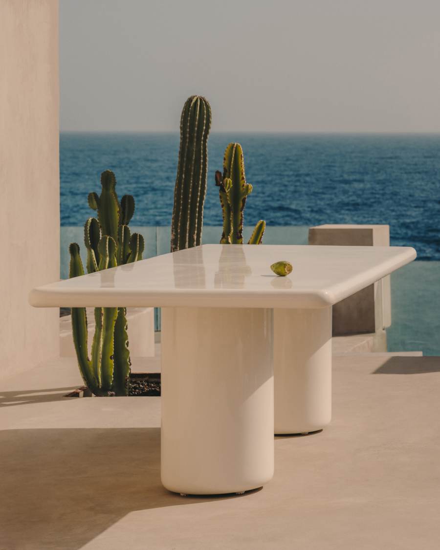Canaret cement table in a glossy white finish, 239 cm x 102 cm