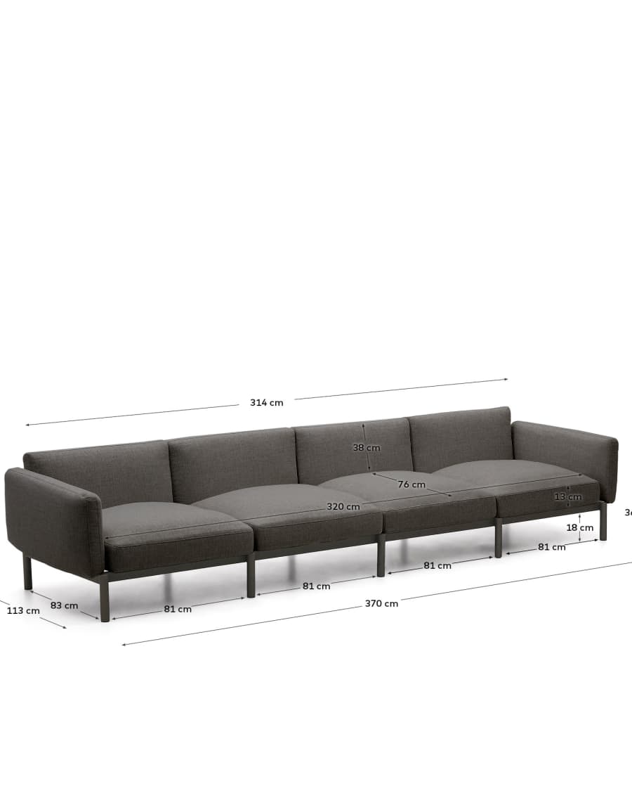 Sorells modular 4-seater outdoor sofa in aluminium with grey finish 370 cm