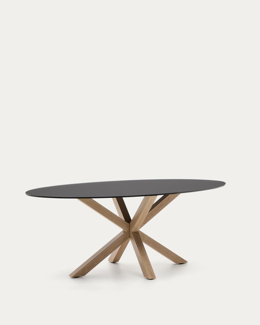 Argo oval table in matt black glass and wood-effect steel legs Ø 200 x 100 cm