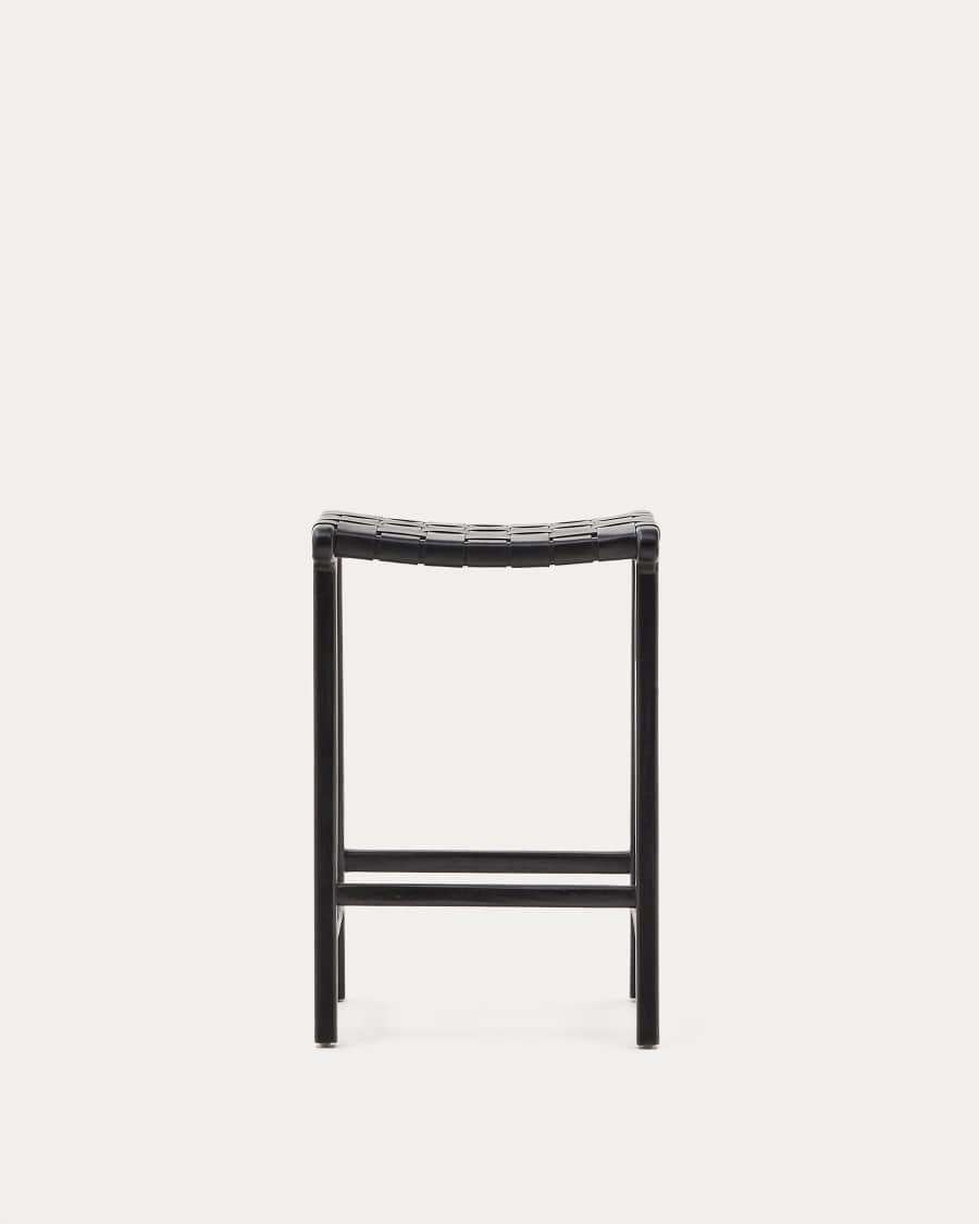 Calixta stool in leather and solid mahogany wood with black finish, 67 cm height