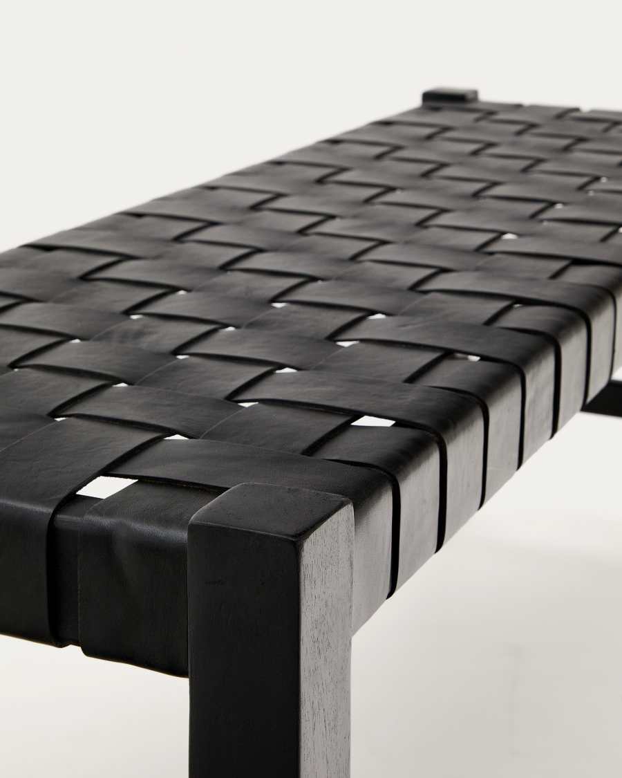 Calixta bench in leather and solid mahogany wood with black finish 120 cm