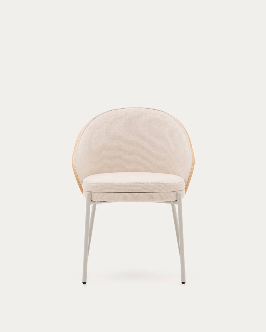 Chaise Eamy en chenille beige, placage de frêne avec finition naturelle et métal beige