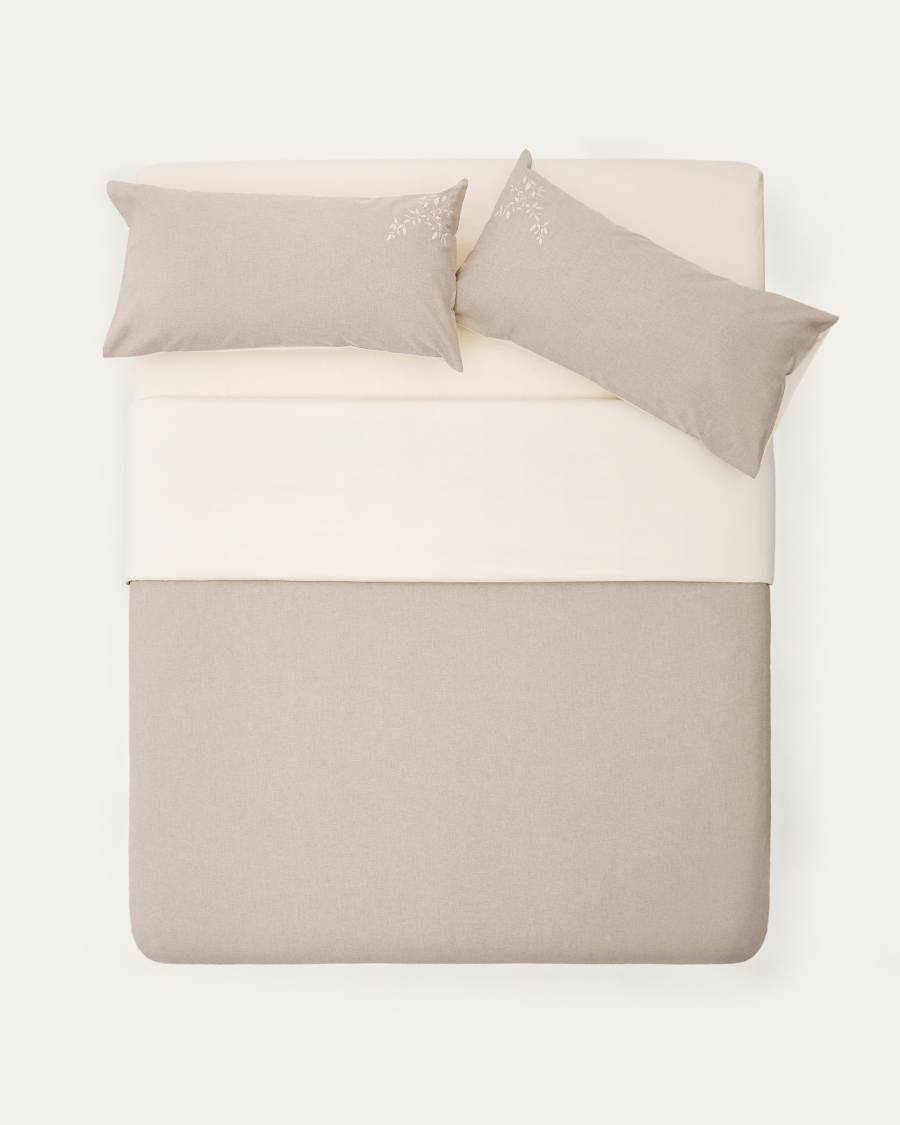 Ensemble Sotela housse de couette et taies d’oreiller à rayures avec broderie 100 % percale de coton beige lit 150 cm