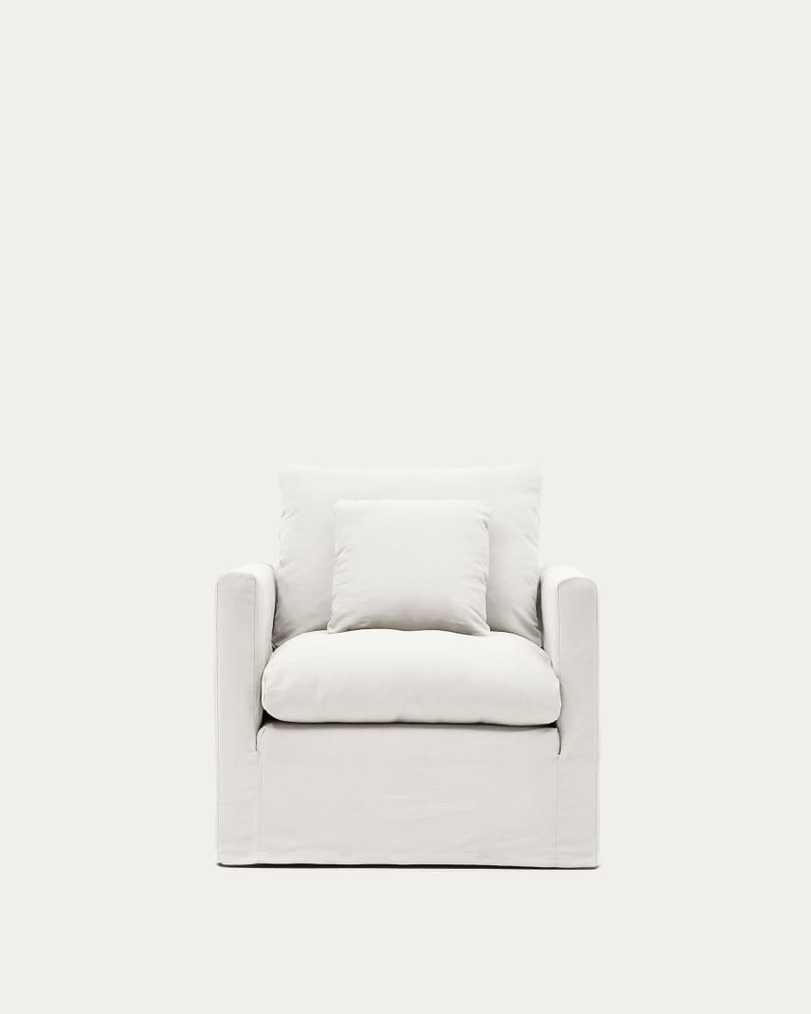 Nora armchair with removable cover with linen and cotton cushion in ecru 92cm