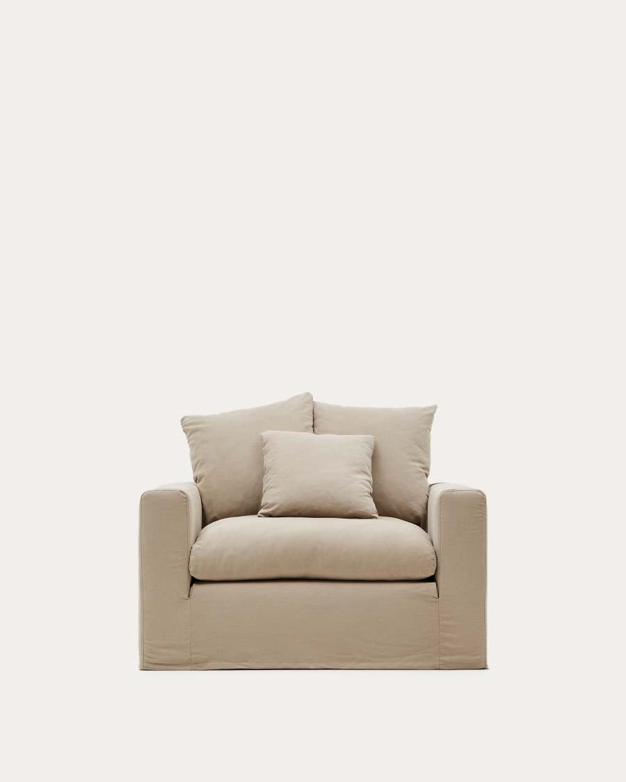 Nora armchair with removable cover with linen and cotton cushion in taupe 140cm