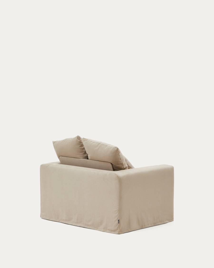 Nora armchair with removable cover with linen and cotton cushion in taupe 140cm