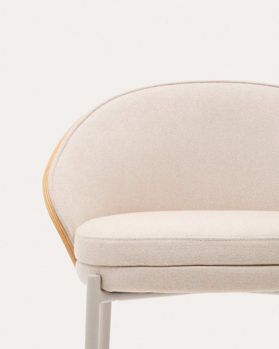 Kruk Eamy in beige chenille, essenhoutfineer met natuurlijke afwerking en beige metaal hoogte 77 cm