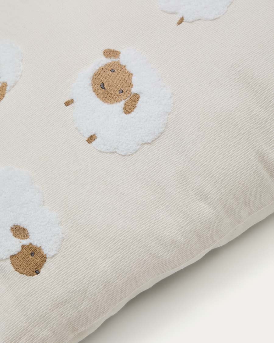 Funda de coixí Milu de cotó beix brodat d’ovelles 45 x 45 cm