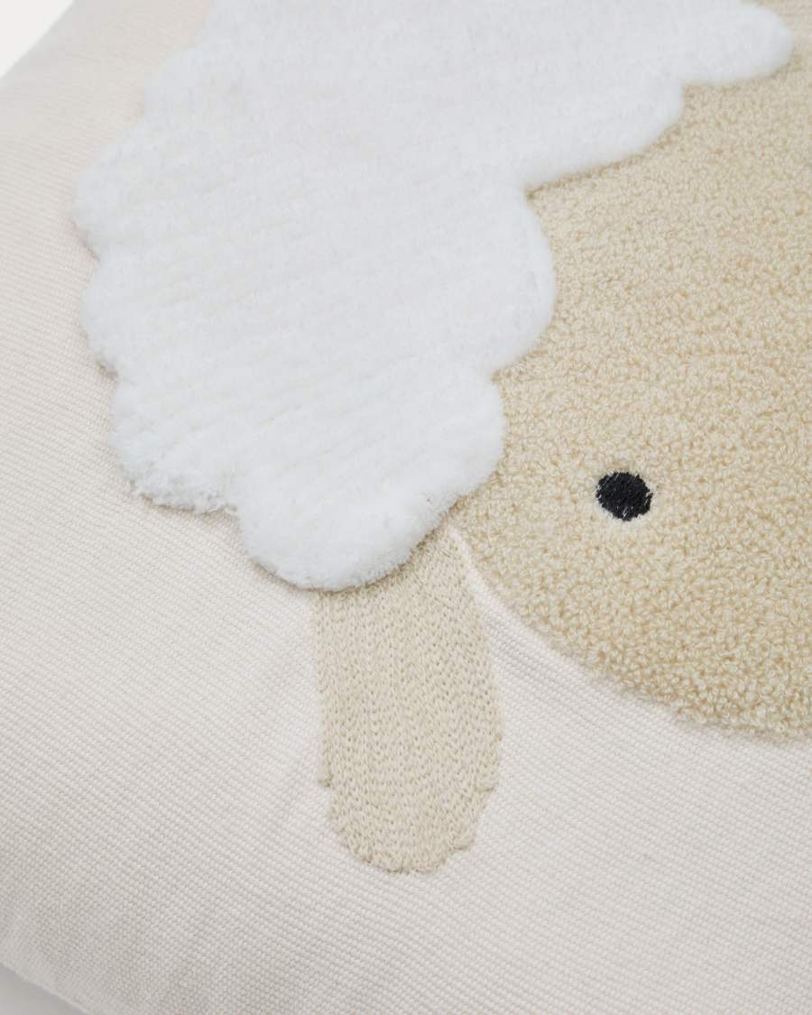 Milu cushion cover in beige cotton with a sheep embroidery feature, 45 x 45 cm