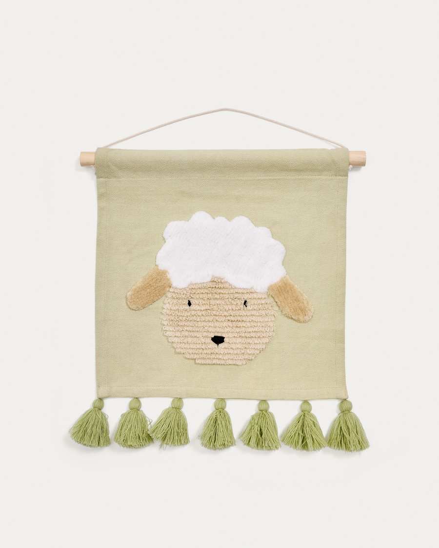 Ταπισερί τοίχου Milu πράσινο βαμβακερό με πρόβατα και πράσινες φούντες