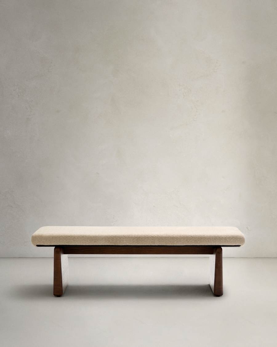 Topaz bench in beige chenille and FSC 100% solid ash wood in a walnut finish, 150 cm