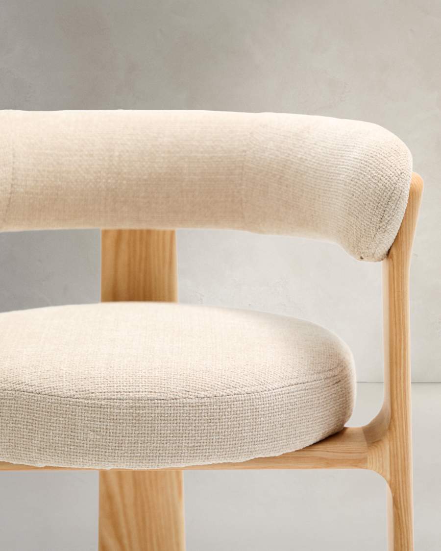 Granite 3-legged chair in beige chenille and solid ash wood in a natural tone finish FSC 100%