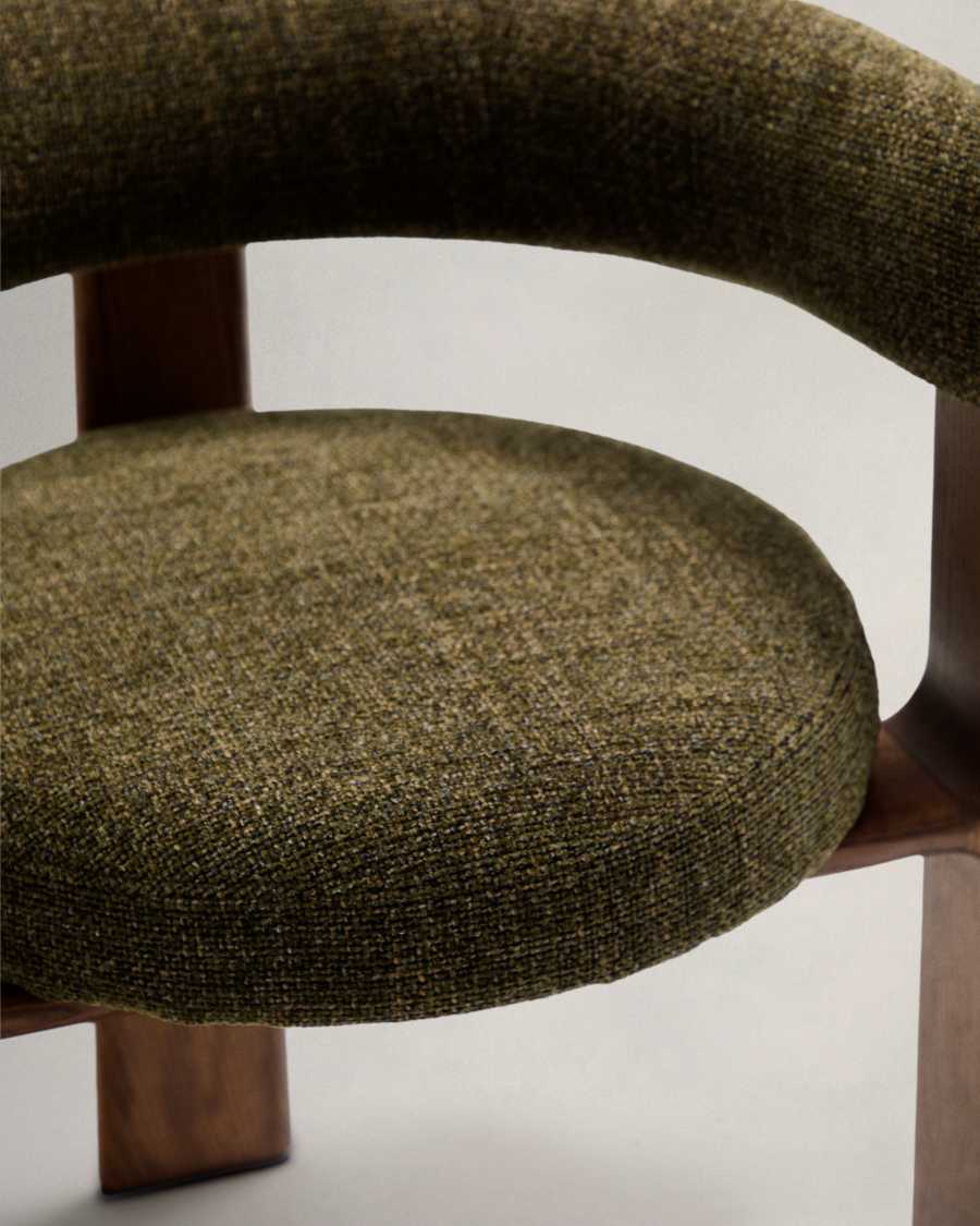 Granite 3-legged chair in green chenille and with solid ash wood in a walnut finish FSC 100%