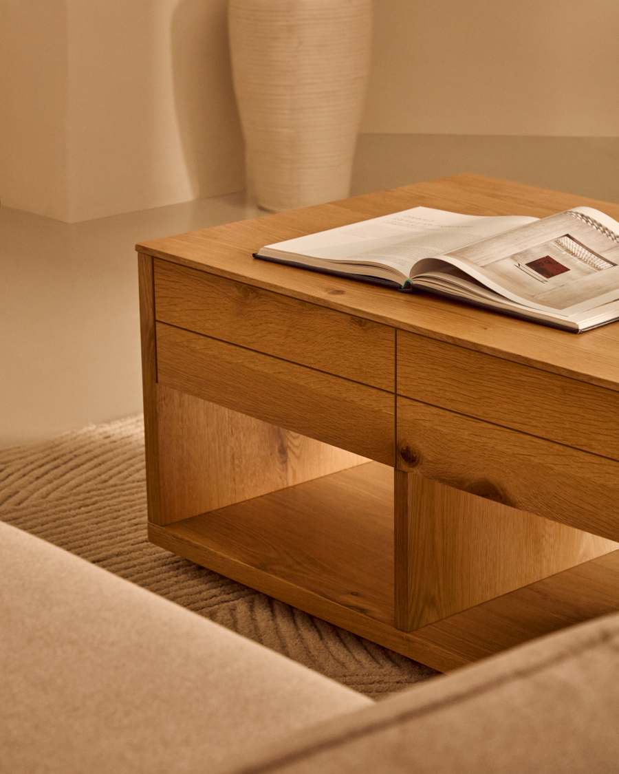 Alguema coffee table 2 drawers in oak veneer with natural finish 140 x 60 cm