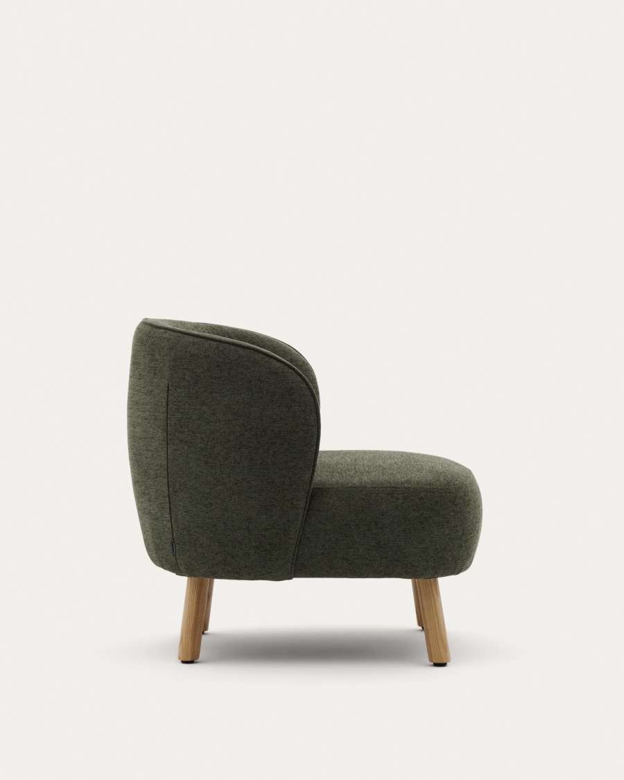 Ulit armchair in green chenille with solid beech wood legs in a natural finish