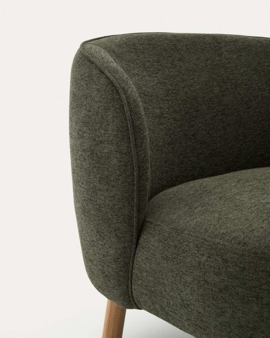 Ulit armchair in green chenille with solid beech wood legs in a natural finish