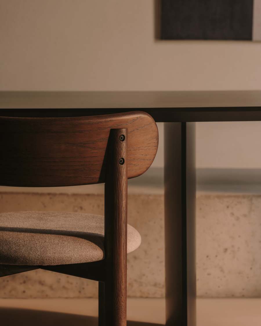 Nebai chair in brown chenille with a solid oak wood structure and walnut finish FSC MIX Credit