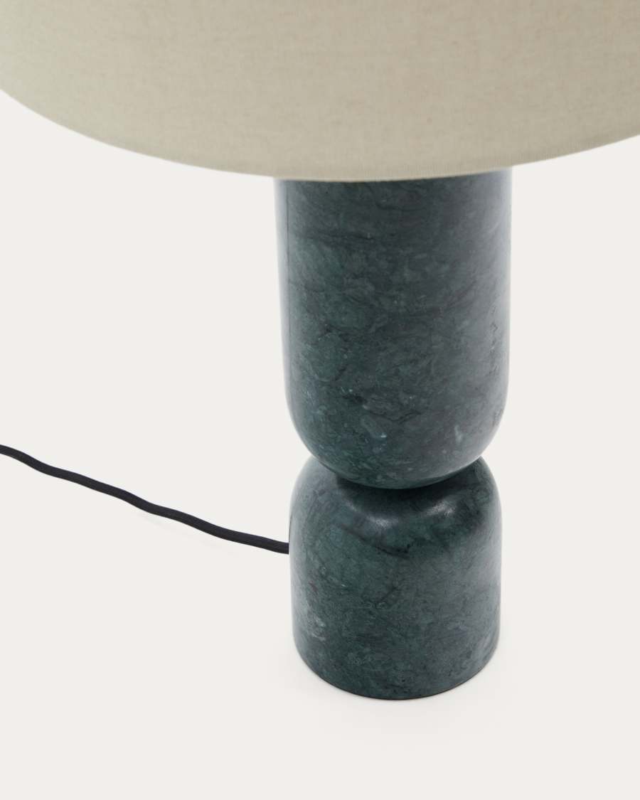 Vex table lamp in green marble with a grey linen shade UK adapter