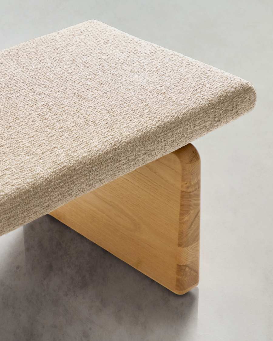 Topaz bench in beige chenille and FSC 100% solid ash wood in a natural finish, 150 cm