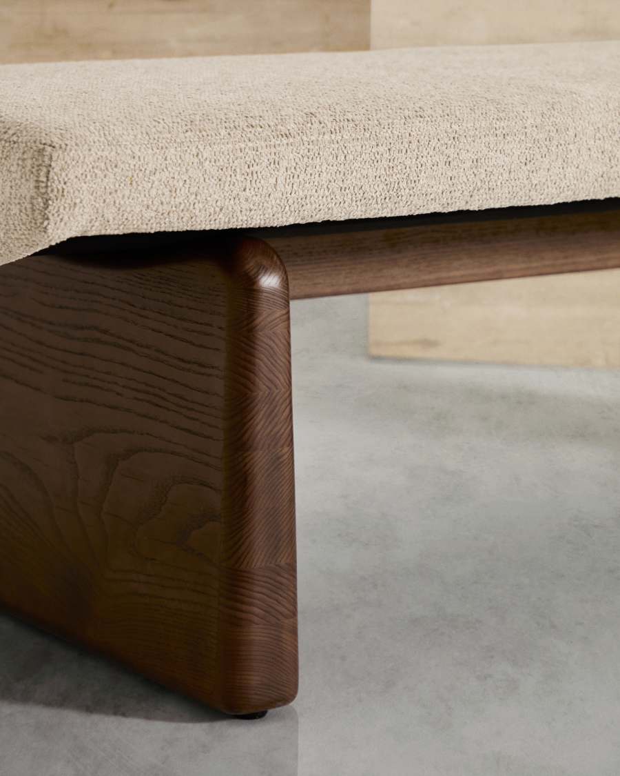 Topaz bench in beige chenille and FSC 100% solid ash wood in a walnut finish, 150 cm