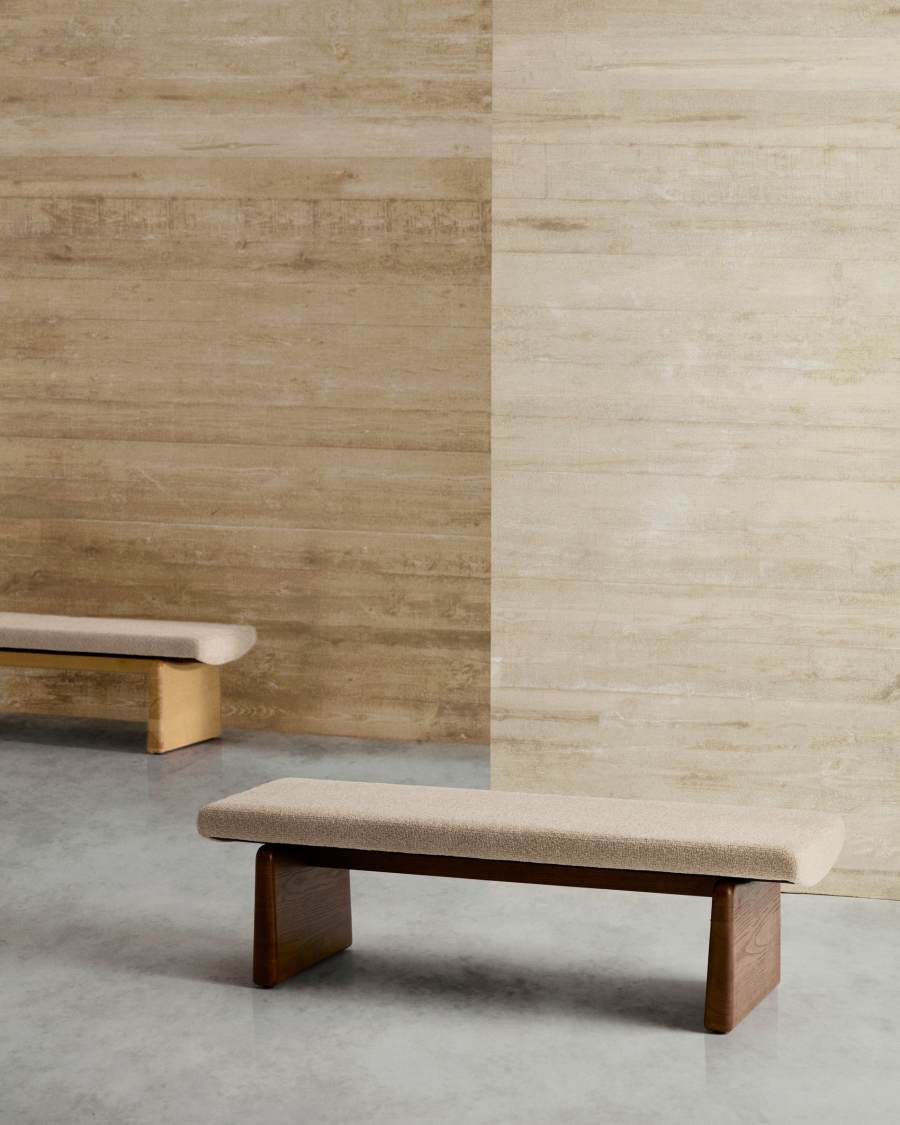 Topaz bench in beige chenille and FSC 100% solid ash wood in a walnut finish, 150 cm